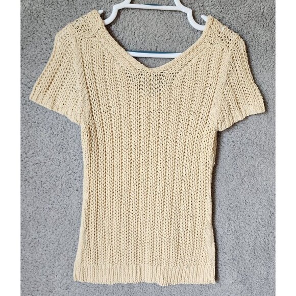 LOFT Women's Short Sleeve V Neck Pullover Sweater Open Knit Acrylic Beige Size S - Picture 9 of 10
